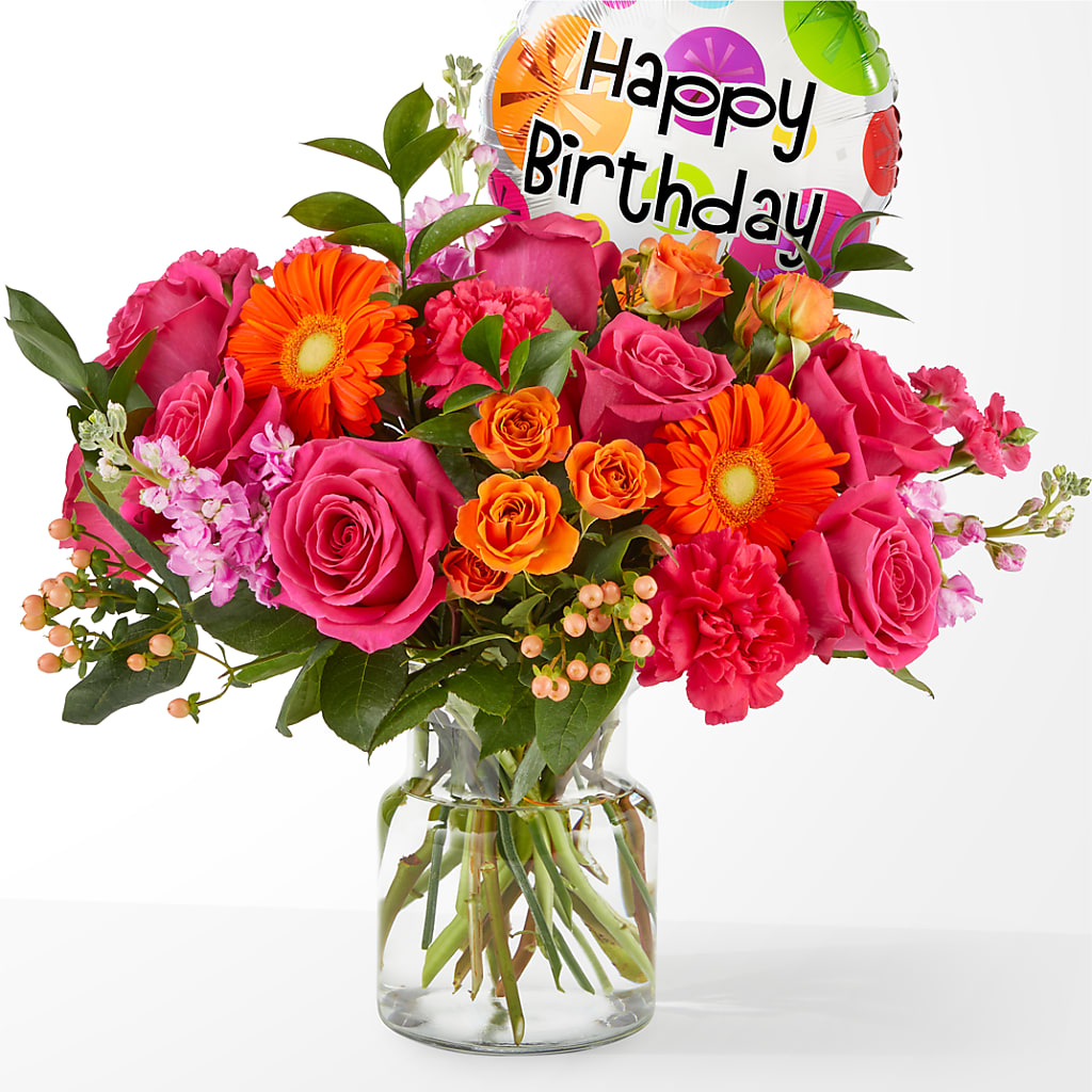 Fiesta Bouquet with Birthday Balloon – The Flower Boutique, Gettysburg PA