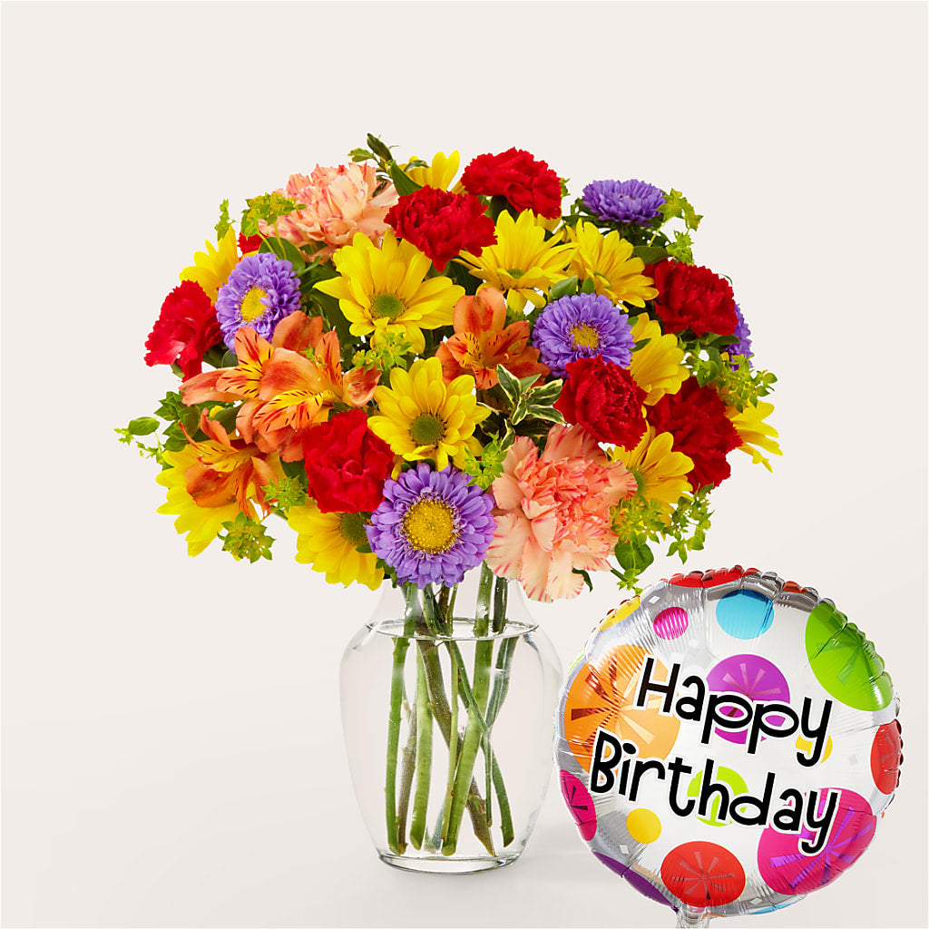 Kaleidoscope Bouquet with Birthday Balloon – The Flower Boutique, Gettysburg PA
