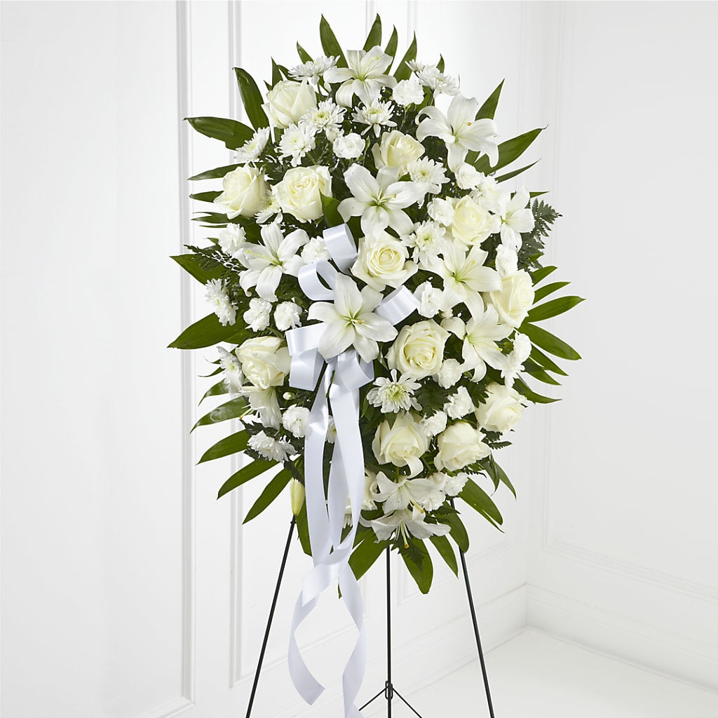 Exquisite Tribute Standing Spray-White Ribbon – The Flower Boutique, Gettysburg PA