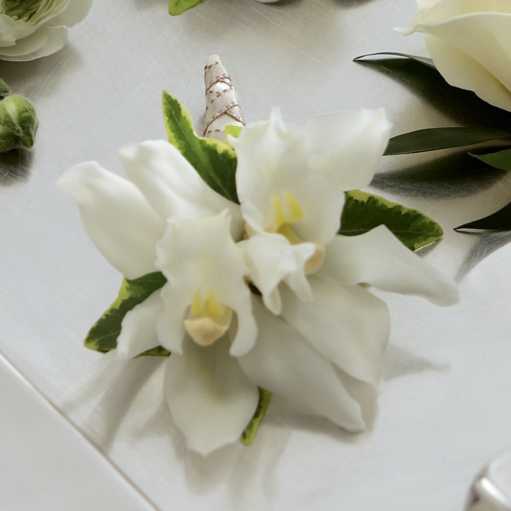 White Mini Cymbidium Boutonniere – The Flower Boutique, Gettysburg PA